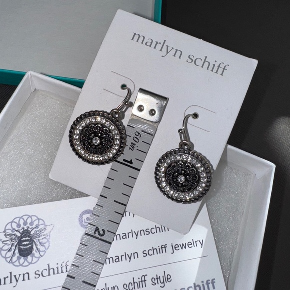 Marlyn Schiff Earrings Rhinestone Round Drop Dangle Black Silver New - Picture 9 of 10